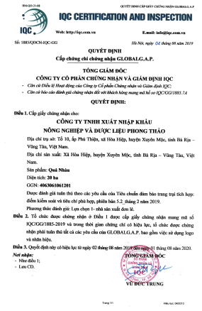 VÙNG NGUYÊN LIỆU ĐẠT CHUẨN HỮU CƠ GLOBALGAP